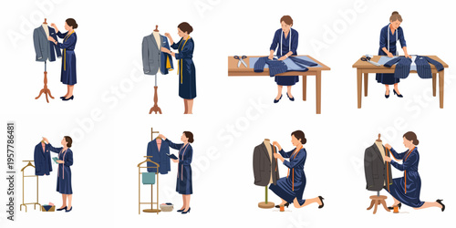Set of illustrations featuring a skilled female tailor measuring, cutting, and adjusting bespoke suits on mannequins in a professional studio.