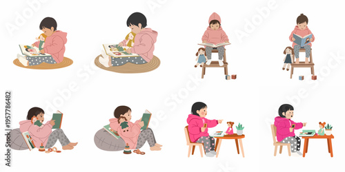 Vector Illustration Set of a Little Girl in a Pink Hoodie Reading Books and Playing with Toys in Different Poses
