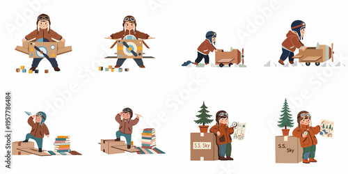 Collection of illustrations featuring a young boy playing as a pilot and explorer with cardboard box planes, maps, and creative imagination.