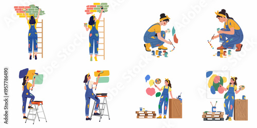 Set of illustrations of a creative female artist in paint-splattered overalls painting murals and canvases in various poses, including on ladders and mixing colors.