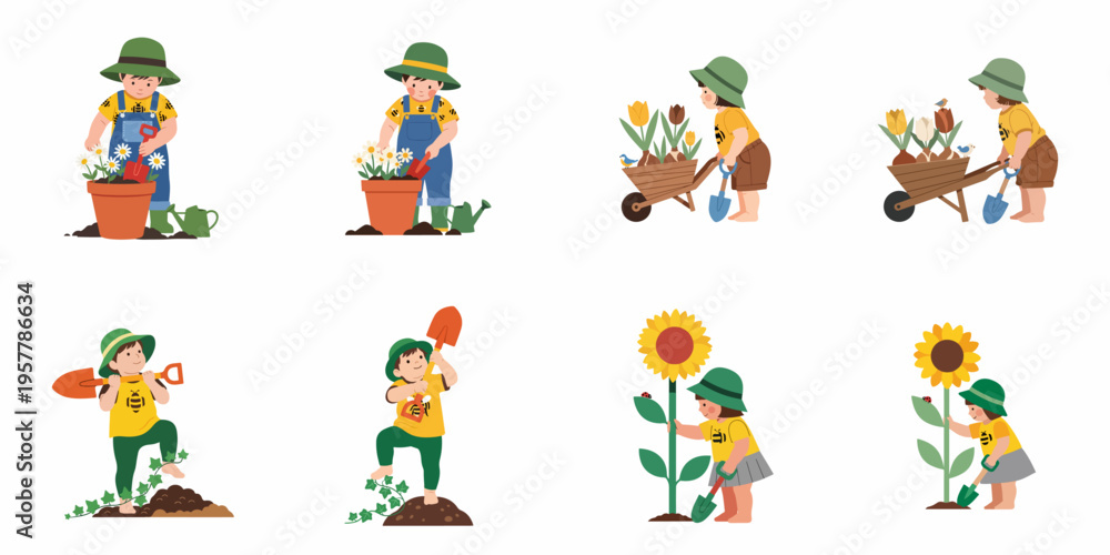 Fototapeta premium Set of cute children gardening, planting flowers, and using garden tools, isolated on a white background.