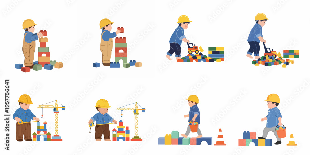 Fototapeta premium Illustrations of a little boy in a construction worker outfit playing with building blocks, a toy crane, and a bulldozer.