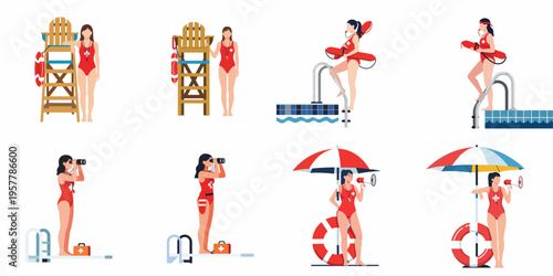 Set of female lifeguard characters in various poses for beach and pool safety, including rescue equipment and surveillance tools in a flat vector style
