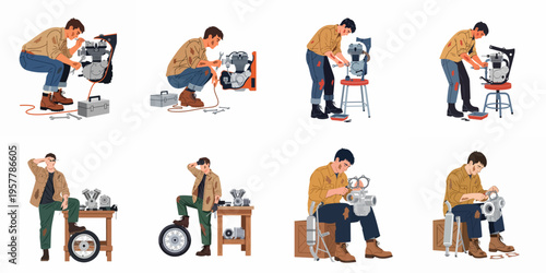 Set of illustrations depicting a professional mechanic repairing and maintaining motorcycle engines and parts in various poses.
