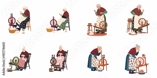 Set of vector illustrations of an elderly woman in traditional folk clothing using a spinning wheel to spin wool into yarn.