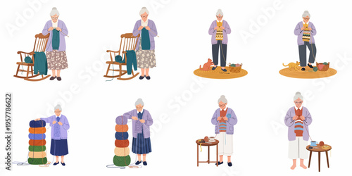 Set of flat vector illustrations depicting a grandmother engaged in her hobby of knitting with yarn, needles, and a rocking chair.