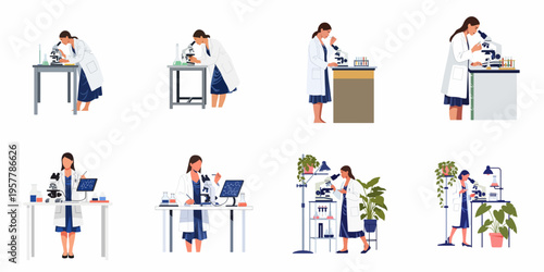 Collection of flat illustrations showing a female scientist performing various laboratory tasks, such as using a microscope and conducting chemical research.