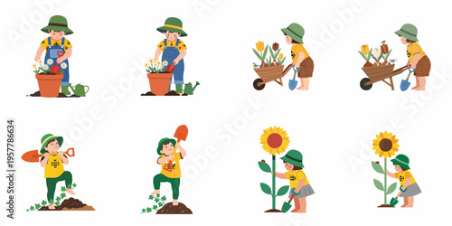 Set of cute children gardening, planting flowers, and using garden tools, isolated on a white background.