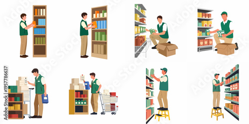Set of Illustrations Featuring a Supermarket Employee Stocking Shelves, Checking Inventory, and Managing Products in a Grocery Store