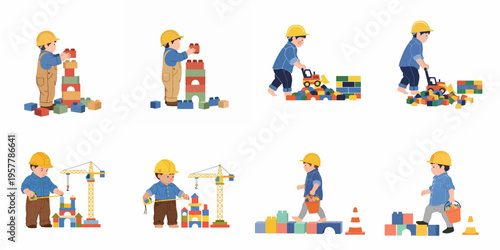 Illustrations of a little boy in a construction worker outfit playing with building blocks, a toy crane, and a bulldozer.