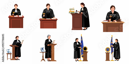 Set of diverse female judge illustrations in judicial robes, featuring gavels, podiums, and flags in courtroom scenes.