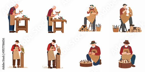 Set of illustrations featuring a senior woodworker carving various wooden bird sculptures with traditional tools on a white background.