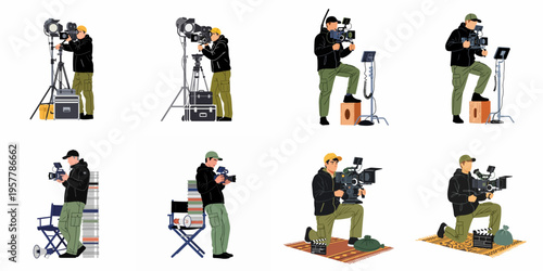 Set of flat illustrations featuring a professional male videographer operating cinema cameras and gear in various production poses on a white background.