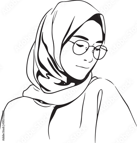 Hand Drawn Woman Wearing Hijab Black and White Avatar Illustration in Minimal Solid Art Style Design