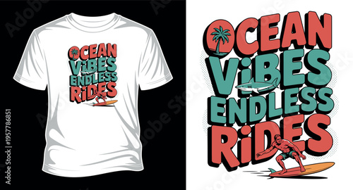 Ocean vibes endless rides surfing surfer t-shirt design with shark vector art print templet