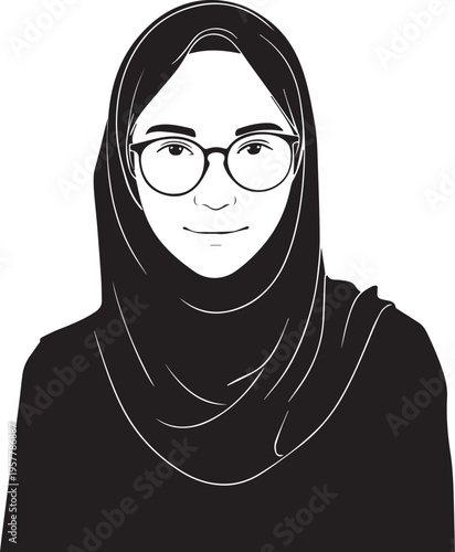 Hand Drawn Woman Wearing Hijab Black and White Avatar Illustration in Minimal Solid Art Style Design