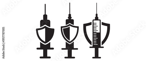 Three black silhouettes of syringes two with shields and one with a trophy representing health and protection