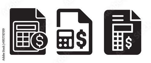 Three black glyph icons representing financial documents including invoices and bills with calculator elements high quality