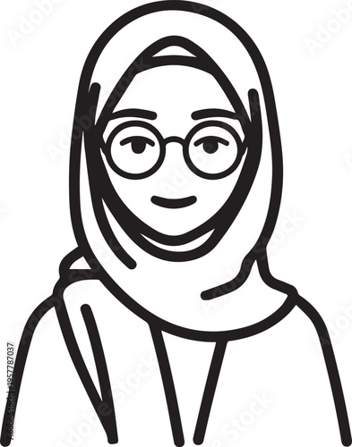 Hand Drawn Woman Wearing Hijab Black and White Avatar Illustration in Minimal Solid Art Style Design