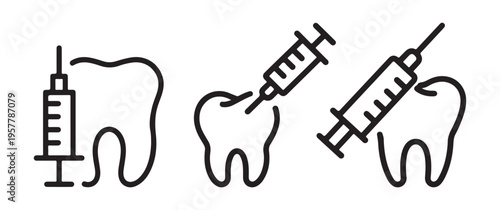 Line art illustration depicting three syringes and two teeth showcasing dental anesthesia procedures high quality professional