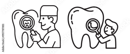 Line art illustration depicts a dentist and a patient examining teeth with magnifying glasses high quality