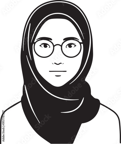 Hand Drawn Woman Wearing Hijab Black and White Avatar Illustration in Minimal Solid Art Style Design
