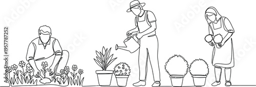 people gardening and planting flowers