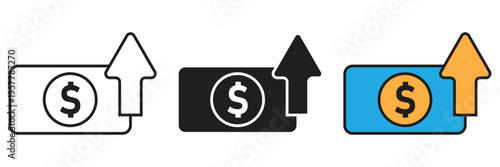 Increasing Banknote Value Vector Icon. Dollar banknote icons with an upward arrow in three styles, representing cash flow increase, salary increase, and financial profit growth.