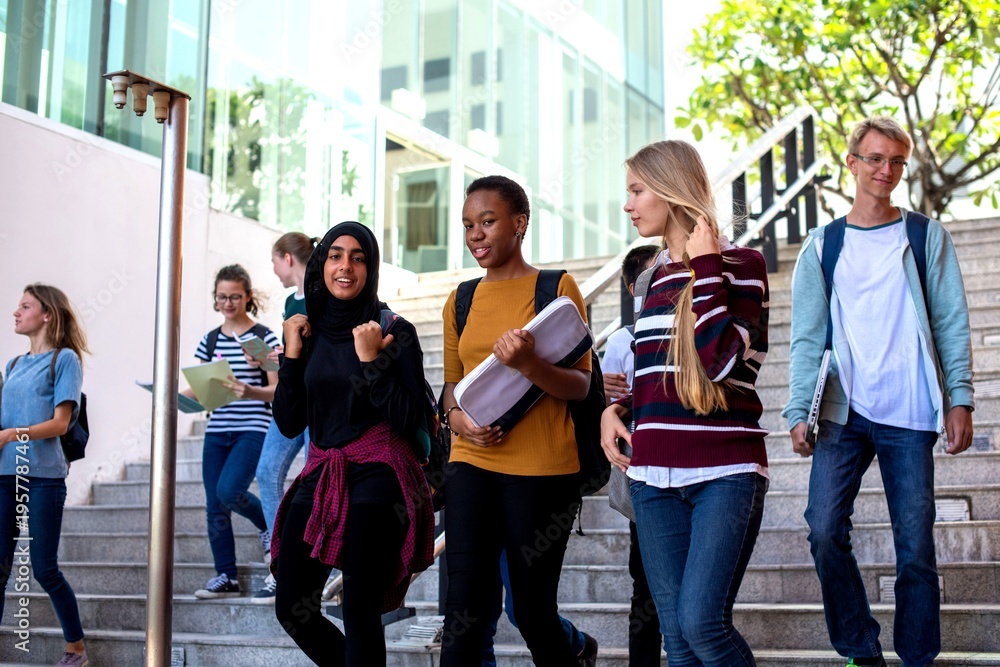Fototapeta premium Diverse students walking campus stairs
