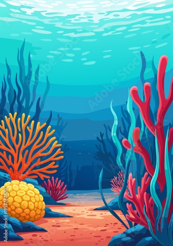 Vibrant underwater coral reef vector illustration with diverse marine flora and fauna, showcasing a colorful ocean ecosystem