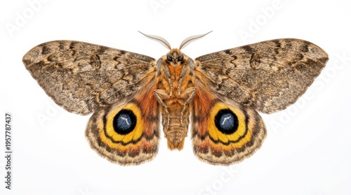 A detailed macro photograph captures a large, brown moth with striking eye-spots on its wings, isolated on a clean white background.