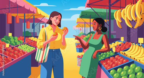 Vibrant Vector Illustration of Two Women Shopping for Fresh Fruits and Vegetables at a Bustling Outdoor Market