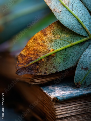 Close-up of Leaves Resting on Books Showing Macro Texture and Depth Captured With a 100mm F2.8 Lens Under Natural Light in a Cozy Setting