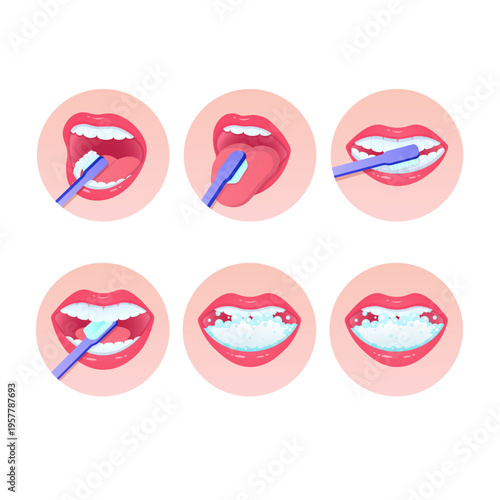 Set of Oral Hygiene Icons and Teeth Brushing Steps Illustration