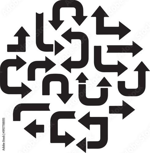 Confusing black arrows pointing in multiple chaotic directions randomly