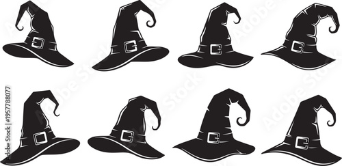 Collection of black witch hats in various positions isolated