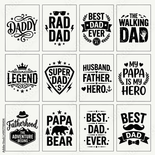 Best Dad Typography Bundle Black White Vector Design for Fathers Day Prints