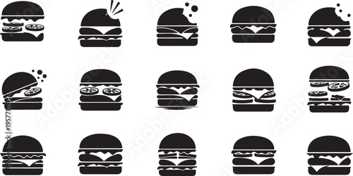 Black and white burger icons in various emotive expressions