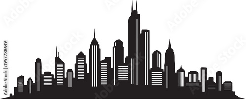 Black and white city skyline silhouette on white background