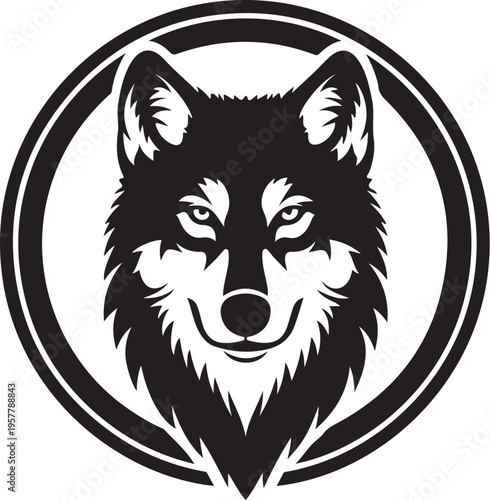 Wolf Portrait in Black and White Circular Frame Design