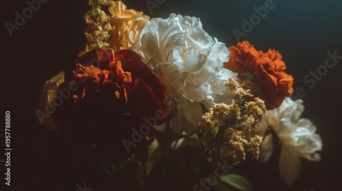 Dramatic Composition of Colorful Floral Bouquet With Highlights and Shadows on Dark Background, Captured With 85mm Lens and F2.0 Setting for Effect