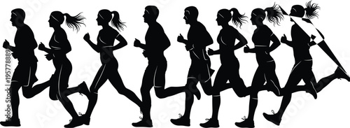Running silhouettes sequence of male and female athletes with fading sketch effect, dynamic motion vector illustration for sports, fitness, and design