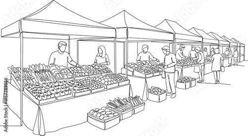 outdoor market with vendors and customers