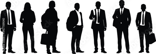 Silhouettes of diverse business professionals standing together in corporate attire representing teamwork, leadership, collaboration, and professional corporate culture unity