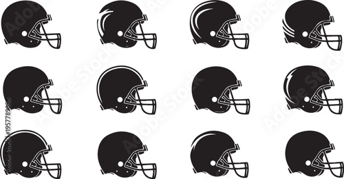 Collection of black football helmets in various positions profile