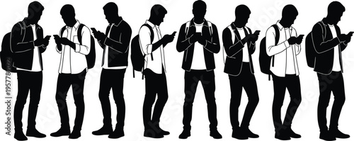 Silhouettes of diverse young people standing in row using smartphones, modern digital lifestyle concept showing technology addiction and social isolation