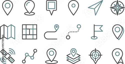 Collection of modern outline icons featuring various map, location, navigation, and global positioning system elements.
