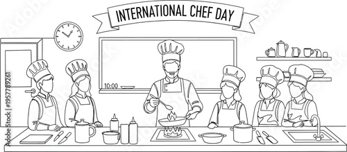 International chef day illustration with chefs in kitchen