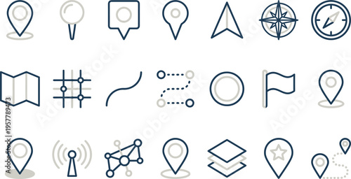 A diverse set of minimalist line art icons representing navigation, location, maps, routes, and connectivity.