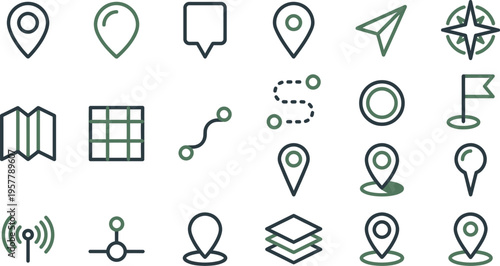 Collection of location map pin icons representing navigation routes direction and geographical markers